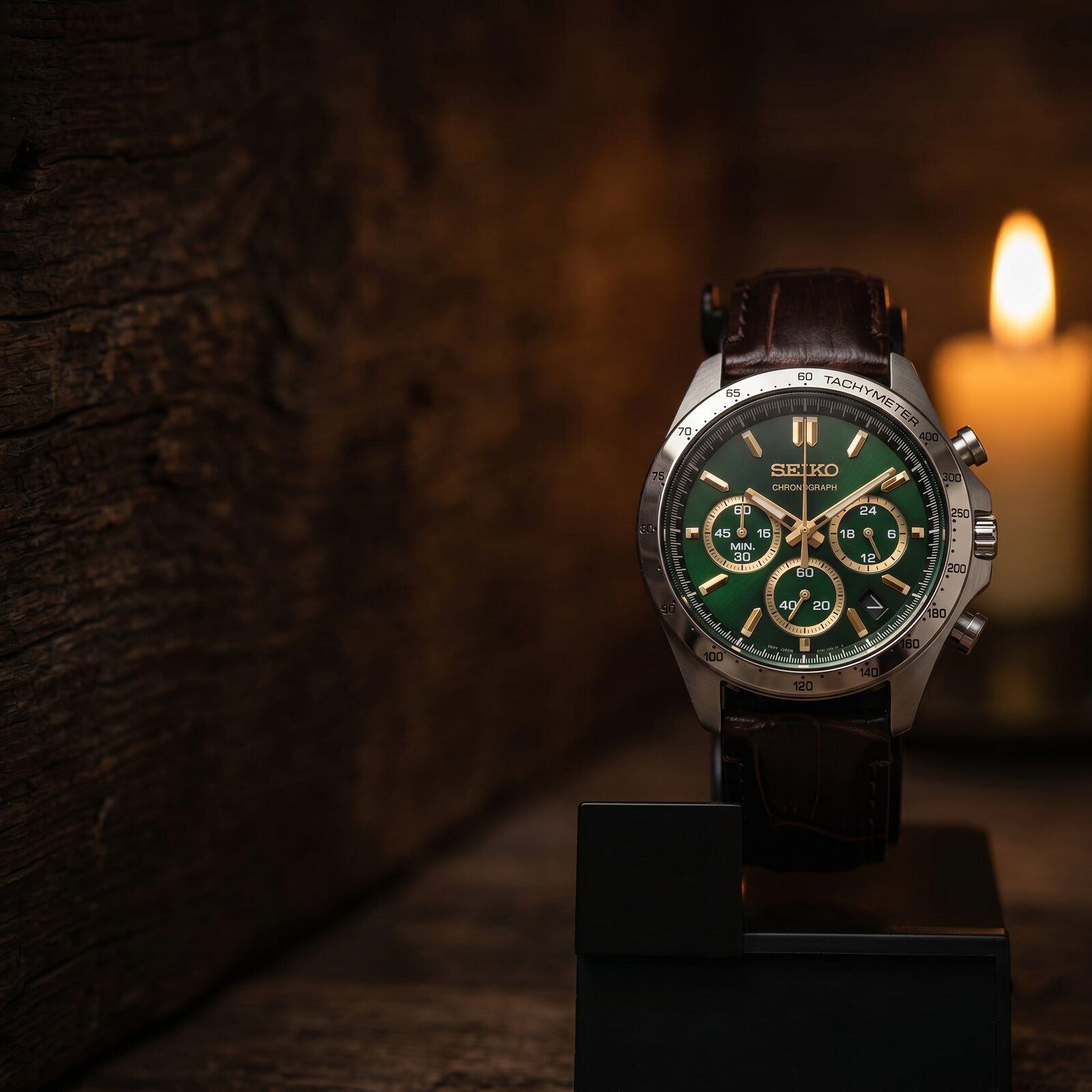 Seiko SBTR017 Chronograph — Sunray Green Dial with Brown Leather Strap